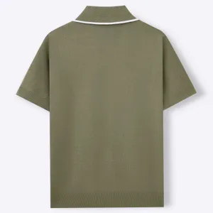 Detailed back view of a premium men's olive green short sleeve knitted polo shirt