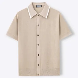 Close-up detail of beige men's knit short sleeve polo cardigan with white collar