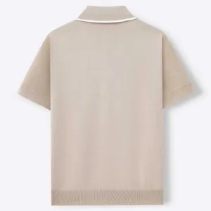 Back view of a beige men's knitted short-sleeve polo shirt with white collar trim detail
