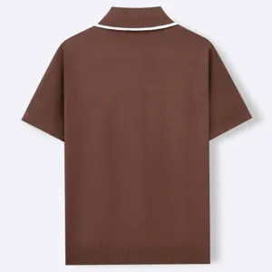 Detailed back view of brown men's short-sleeved knit Polo shirt with white collar trim
