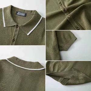 Detailansichten des olivgrünen Strickpoloshirts mit Textur und Knöpfen