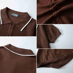 Detaillierte Ansichten des braunen Strickpolos mit weißen Kragenrändern und Knöpfen