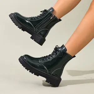 Bottes de combat à plateforme en cuir verni vert foncé avec fermeture éclair
