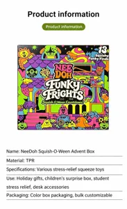 Λεπτομερής προβολή του NeeDoh Funky Frights Halloween κουτί με 13 squishy παιχνίδια.