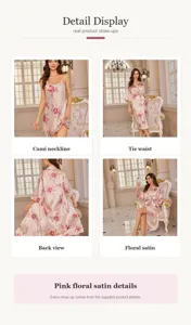 Detalle completo del conjunto pijama de satén floral rosa con escote y el cinturón