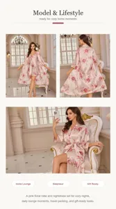Elegante conjunto de bata y camisón de satén rosa con flores para estar en casa