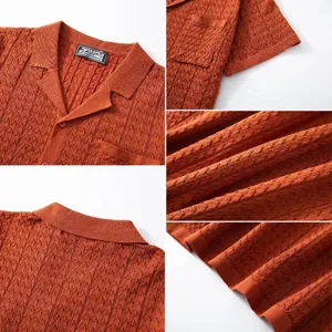 Detailed close-up view of a burnt orange men's knitted polo with jacquard texture
