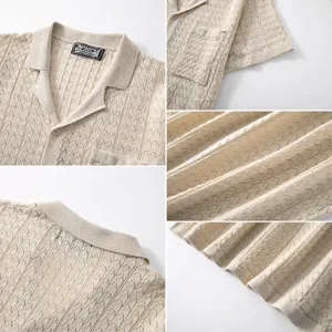 Detail view of men's jacquard knit Polo shirt with Cuban collar and pocket texture