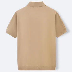 Back view of premium men's business casual knit Polo shirt in elegant khaki color