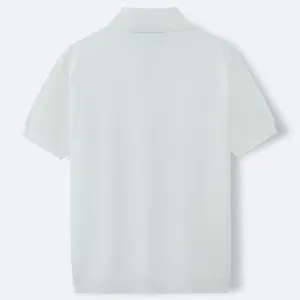 Detailed back view of a men's white short-sleeved knit Polo shirt for business casual wear.
