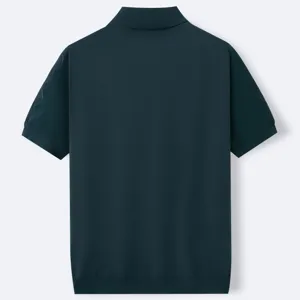 Back view of a business casual dark teal knit short-sleeved Polo shirt for men