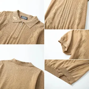 Detailed views of khaki men's business casual knit Polo shirt with half-zip and geometric pattern