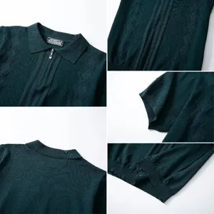 Detailed views of men's knit Polo shirt with half-zip and textured diamond pattern