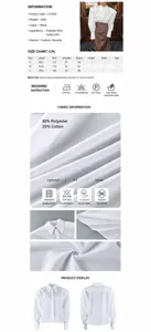 Detailed size chart and fabric texture macro view of a white commuter long-sleeved shirt