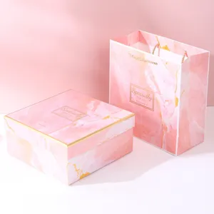 Elegant pink marble pattern gift box and matching paper hand bag set for special gifts