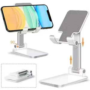 Detailed view of white foldable phone stand showing adjustable height and 90 degree tilt