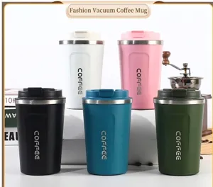 Five vibrant stainless steel vacuum coffee mugs with spill-proof lids and COFFEE print