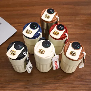 Set of 6 insulated coffee mugs with digital temperature display in multiple colors