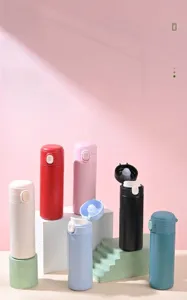 Detail view of colorful stainless steel insulated thermos bottles in various shades