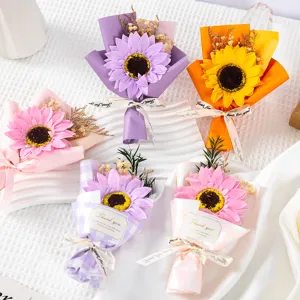 Assorted colorful mini sunflower soap flower bouquets with Thank You tags for gift favors