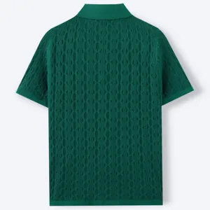 Back view of men's dark green knitted polo shirt with textured jacquard pattern
