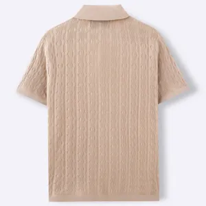 Back view of a premium beige men's knitted polo shirt with intricate cable knit textures.