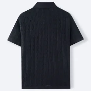Detailed back view of men's short-sleeved knitted polo shirt with jacquard texture