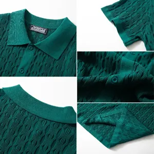 Detailed macro shots of green knitted polo shirt featuring intricate jacquard texture