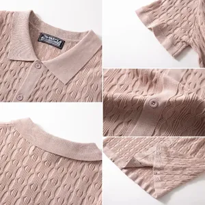 Detailed views of a men's knit polo shirt with intricate wavy Jacquard texture.