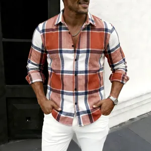 Casual men's long-sleeve orange and navy plaid shirt with thick herringbone texture