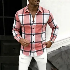 Modern men's pink and white plaid long-sleeve shirt with casual loose fit design