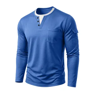 Premium blauw heren T-shirt met lange mouwen, Henley-kraag en stijlvolle laagjeslook