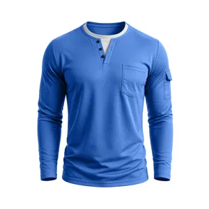Heren shirt met lange mouwen in blauw faux two-piece met trendy Henley kraag en zakken