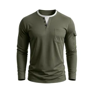 Vooraanzicht heren T-shirt met lange mouwen legergroen met nep tweedelig Henley-kraag