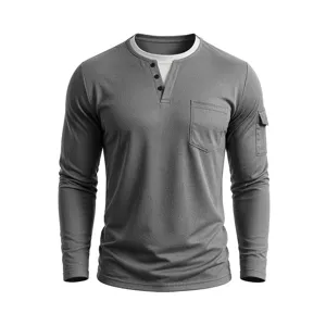 Heren mode T-shirt met lange mouwen, nep tweedelig ontwerp met Henley-hals en zakken