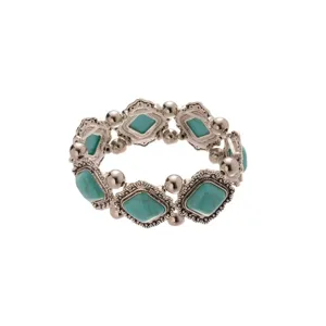 Vintage ethnic stretch bracelet with geometric turquoise acrylic stones and silver beads