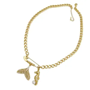 18K gold plated chunky chain necklace with safety pin, seahorse and mermaid charms.