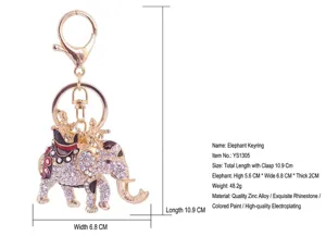 Detailweergave van stras olifant sleutelhanger met afmetingen en materiaal.