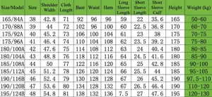 Tableau des tailles détaillé complet pour chemise élastique homme à manches longues
