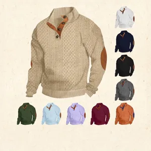Men's stand collar knitted sweater with buttons and patches in multiple colors