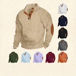Men Knit Sweater Stand Collar Quarter Button Long Sleeve Retro Jacquard Pullover With Elbow Patches Casual Top
