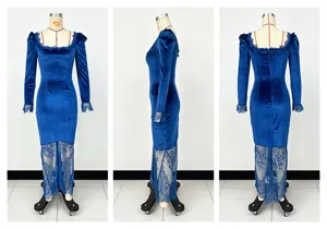Detailed view of elegant blue velvet dress with lace patchwork from multiple angles.