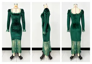 Detailed views of a green velvet French party dress with lace patchwork hem and cuffs