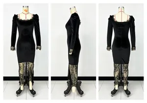 Front, side, and back views of black velvet dress with elegant lace patchwork