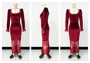 Detailed front side and back views of a wine red velvet dress with elegant lace trim
