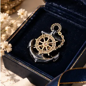 Vintage Nautical Anchor Ship Wheel Brooch Alloy Rhinestone Inlaid Gold Enamel Suit Lapel Pin Personalized Corsage Jewelry