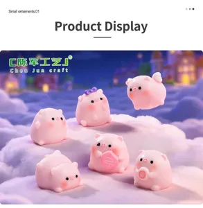 Group of six mini pink pig figurines in various cute poses for micro landscape