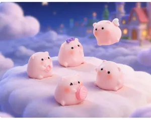 Close-up of five cute pink pig figurines with sweet accessories on fluffy clouds.