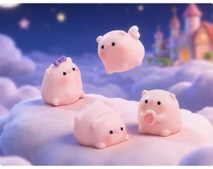 Set of four cute pink pig resin figurines in a dreamy fairytale cloud landscape