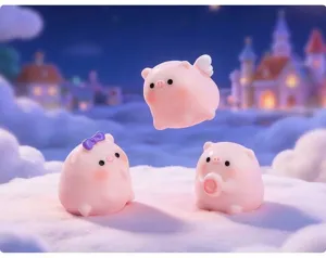Close-up of cute miniature pink pig figurines set against a dreamy castle background